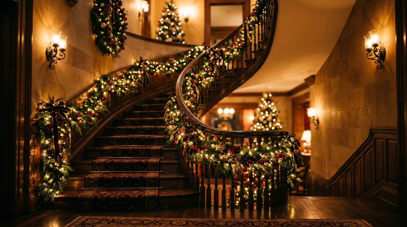 Let the base of the stairs feel intentionally styled too inspiration for a Christmas staircase.